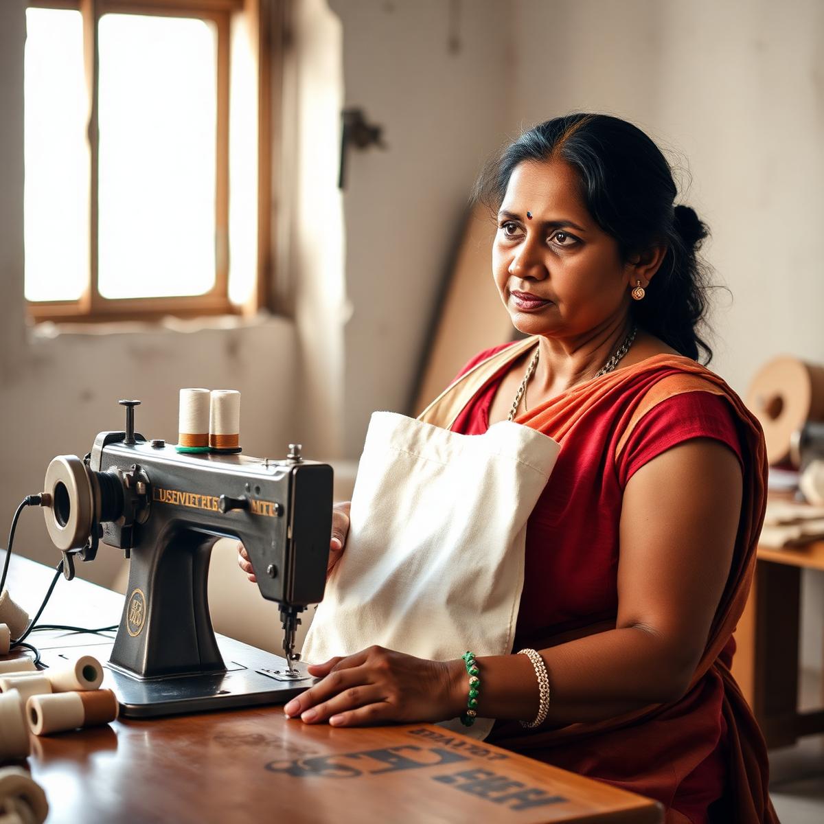 Woman stitching a cotton bag